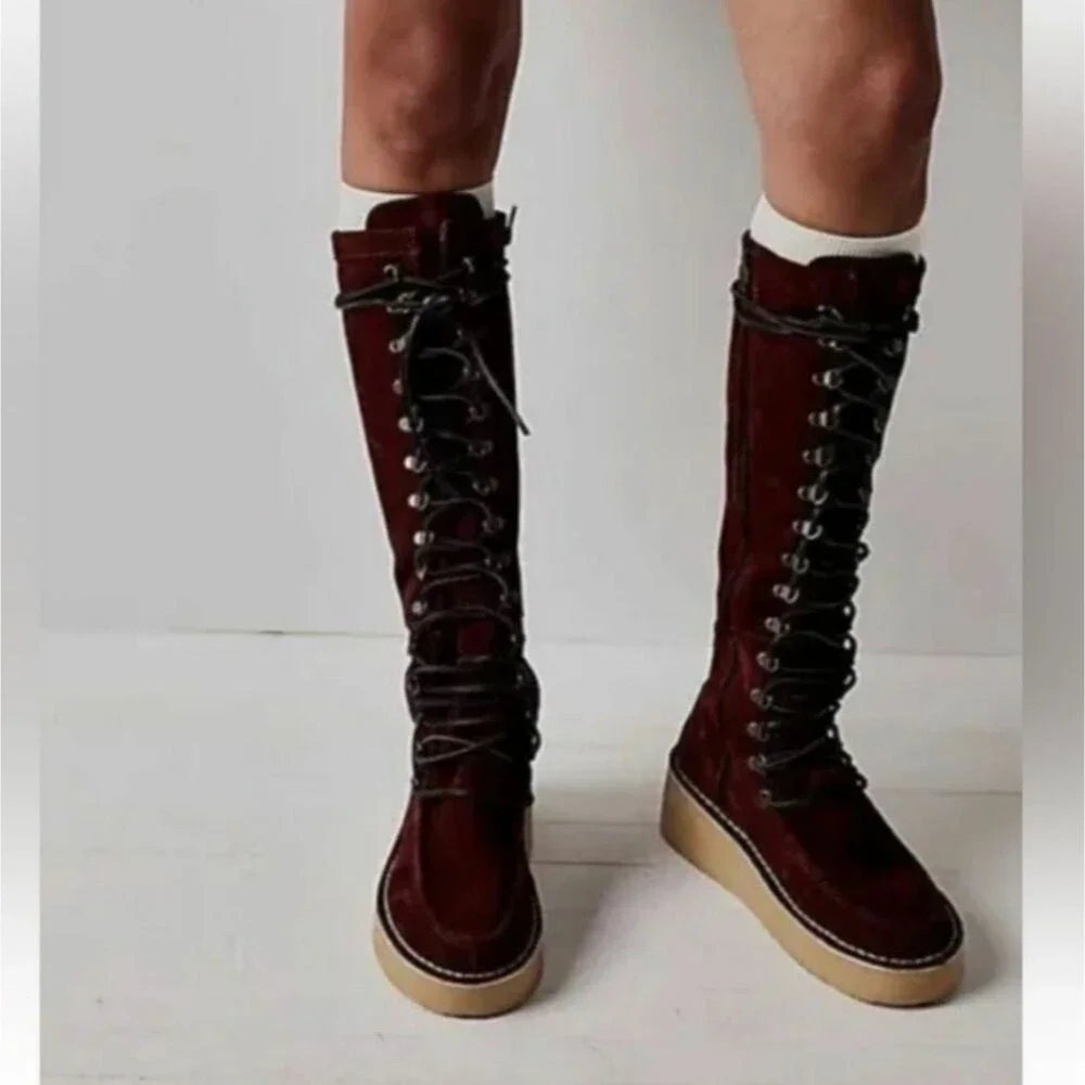 Free People Ava Suede Tall Lace-up Wedge Boot Moccasin Inspired Round Toe 39